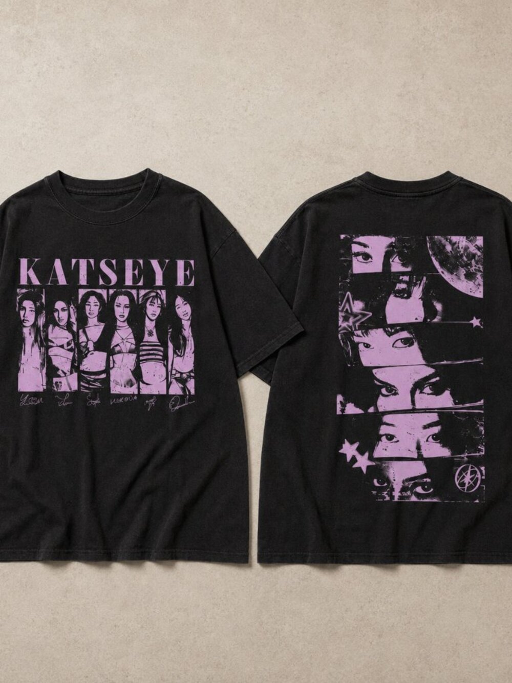 KATSEYE Vintage Girl Group Double-Sided Black Graphic T-Shirt
